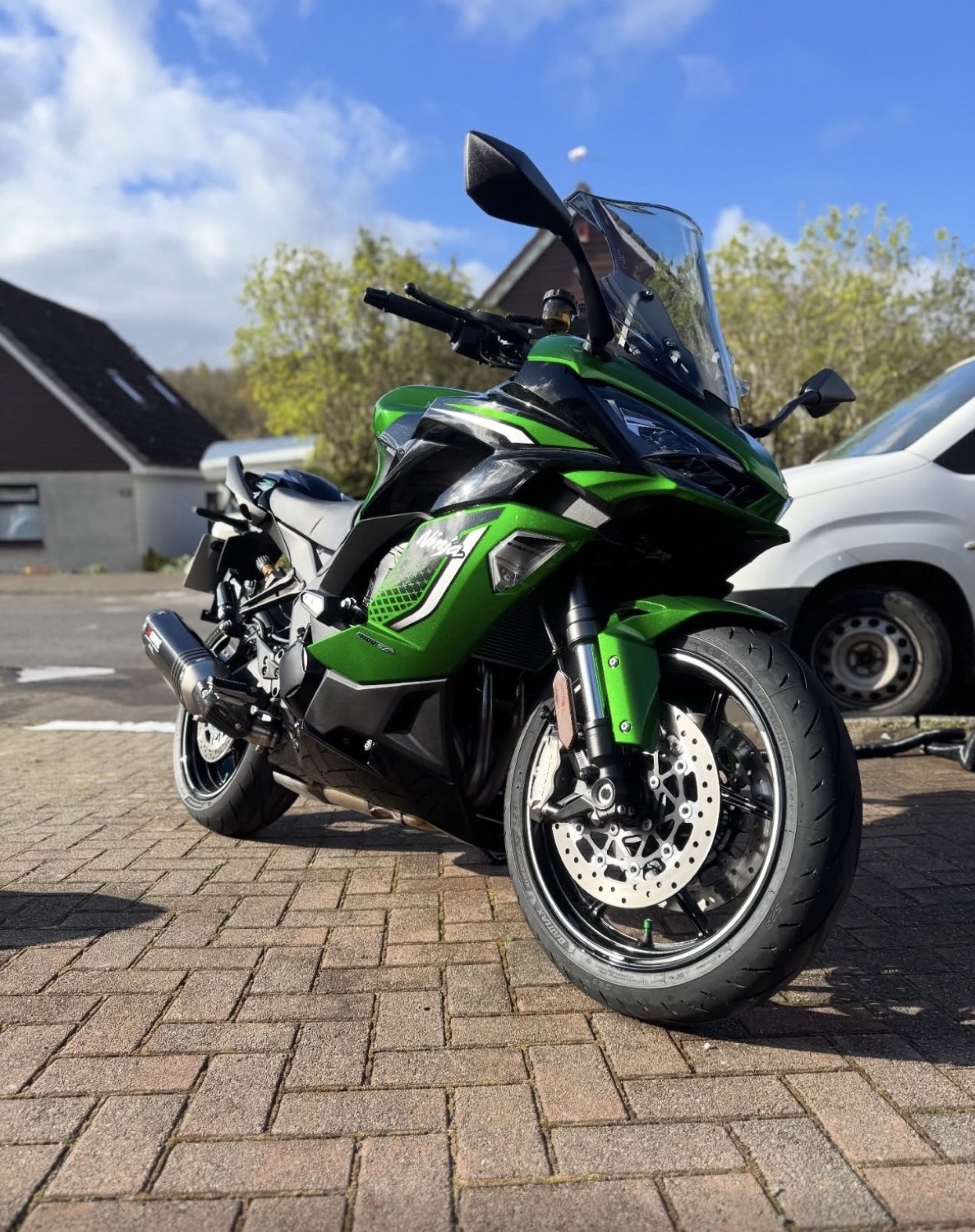 Green Kawasaki Ninja motorcycle freshly detailed